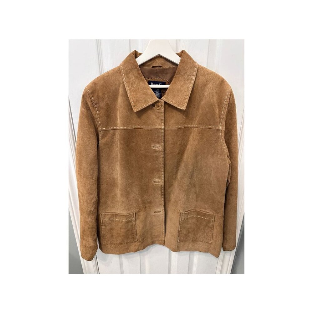 Denim & Co. Women's brown genuine leather button up kacket with cream stitching